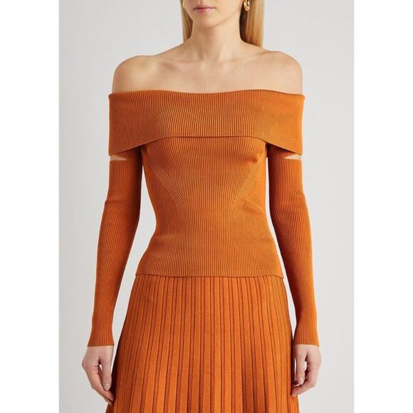 Jonathan Simkhai Sweaters - New Jonathan Simkhai Zayla Compact Knit Off Shoulder Sweater in Tobacco Size L